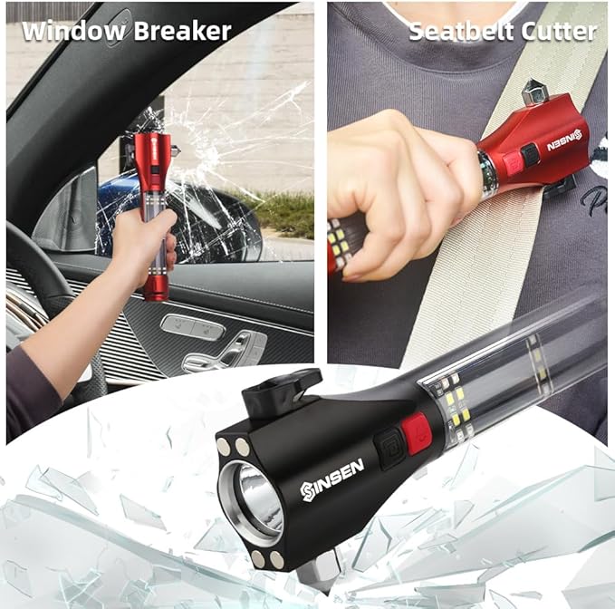 SINSEN Window Breaker Seatbelt Cutter for Car, Emergency Escape Tool with Compass, Multi Tactical Safety Hammer Rescue Kit