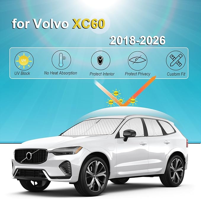 KMF 8pcs Thicken Sun Shades for Volvo XC60 2018-2025 2026 Accessories, Full Car Window Covers Sunshade for Windshield Side Rear, UV Block and Blackout Protect Privacy for Car Camping Outdoor