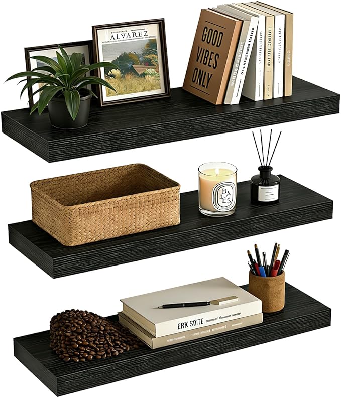 Set of 3 Farmhouse Solid Wood Floating Shelves 22.5 inch Black Wall Mounted Storage Shelves for Bathroom Over Toilet, Bedroom