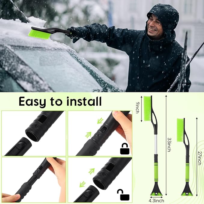 27"-33" Snow Brush and Detachable Ice Scraper with Ergonomic Foam Grip Scalable Range 27" Winter Accessories for Cars Trucks SUV(Green)