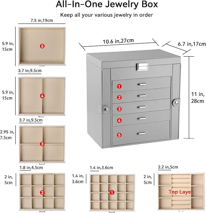 Frebeauty Large Jewelry Box,6-Tier PU Leather Jewelry Organizer,Multi-functional Storage Case with Mirror,Accessories Holder 