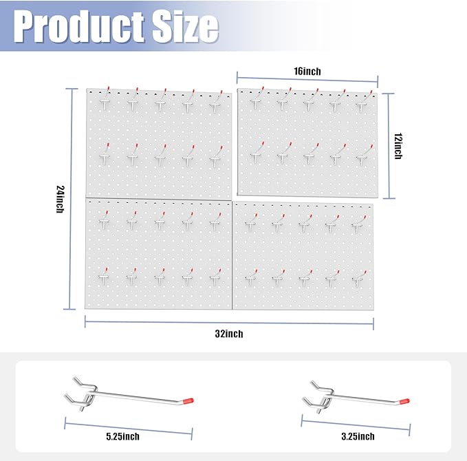 WALMANN 12 x 16 in Metal Pegboard Panels and Hooks for Garage, Tool Organizer Pegboard with Hook - Compatible with 1/8" & 1/4