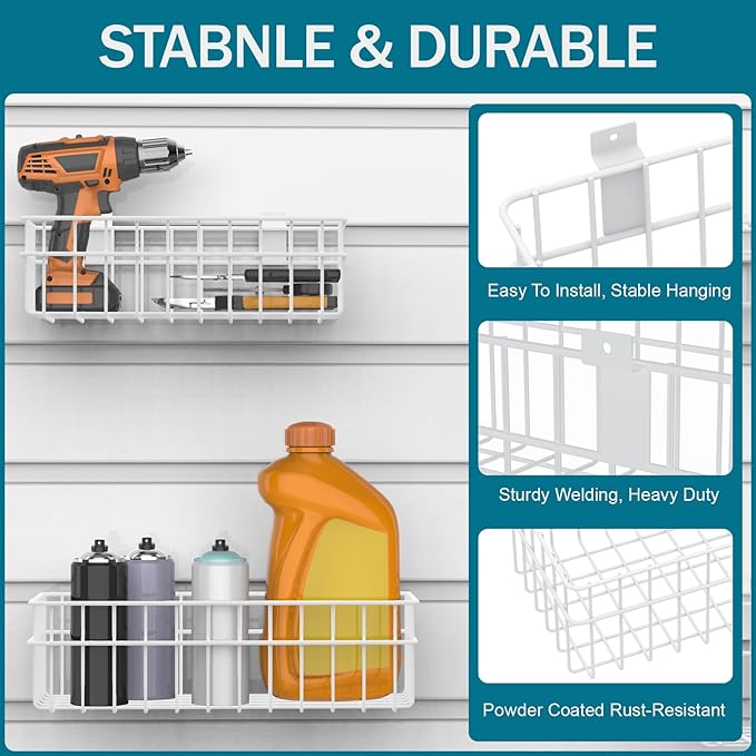 4 Pack Large Slatwall Baskets Set, Ventilated Metal Hanging Storage Slat Wall Basket, Mounted Slatwall Accessories for Garage