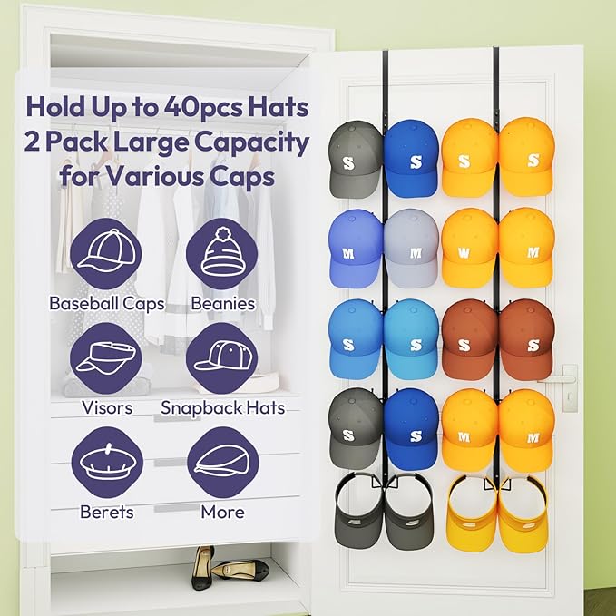 SWTYMIKI Over Door Hat Organizer - 2 Packs Metal Wall Mounted Hat Rack with 5-Tier Dual Hooks Design, Hanging Baseball Cap Or