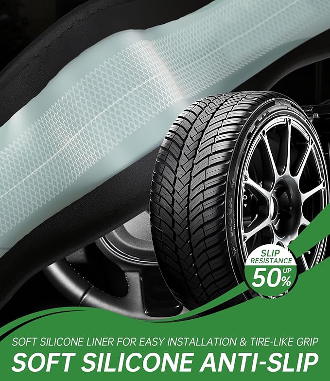 XCBYT Steering Wheel Cover - Green Leather Steering Wheel Wrap Great Grip with 3D Honeycomb Quick and Effortless Installation