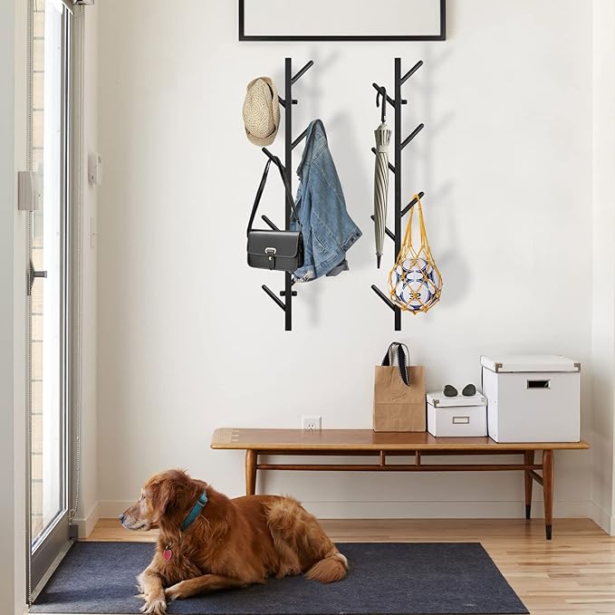 GAWAMAY Vertical Coat Rack Wall Mount Set of 2, Black Modern Metal Coat Hanging Cowboy Hat Rack for Wall, Mounted Coat Hooks 