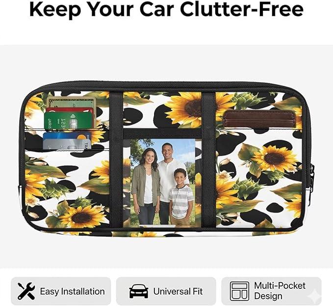 Car Sun Visor Organizer,Cow-Print Sunflower Auto Interior Accessories Pocket Organizer Glasses Clip， Truck SUV Storage Pouch Holder with Double Zipper Pockets
