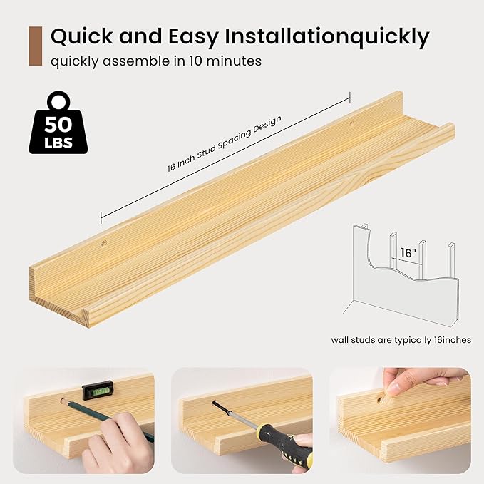 Picture Ledge Shelf, Solid Pine Wood Floating Shelves Set of 2, 24 Inches Nursery Book Shelves for Toys Storage, Kids Bookshe