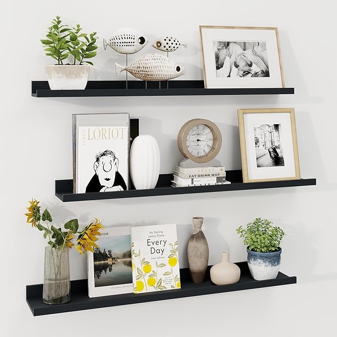 Axeman 36 Inch Floating Shelves | Black Picture Ledge Shelf Set of 3 | Rustic Wood Wall Shelves with Lip | 36" Black Picture 