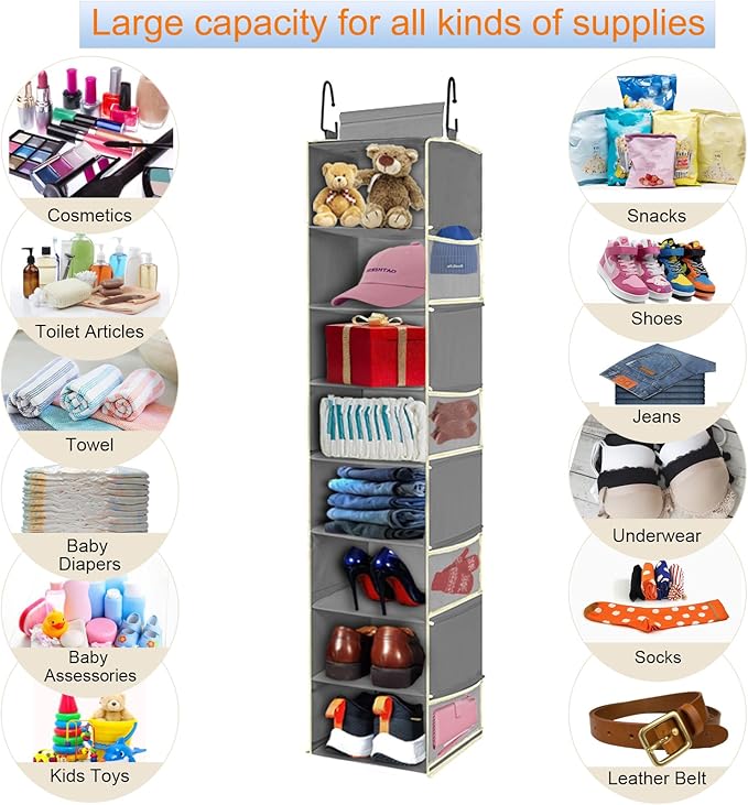 Large-Sized Hanging Shoe Organizer 8-Shelf, Hanging Closet Organizer with 8 Side Pockets, Wider Hanging Shelves for Storage S