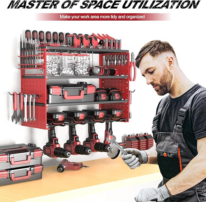 Power Tool Organizer Wall Mount, Cordless Drill Hanger Storage Rack 8 Drill Holder, 4 Layer Heavy Metal Large Capacity Tool R