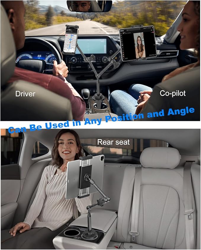 Heighten Tablet Cup Holder Mount [Super Durable] Heavy Duty Metal Cup Holder Tablet Mount for Car, Truck, SUV, Tesla, Compatible with 4-13" Pad Pro 12.9/Air/Mini, Galaxy Tab/Z Fold, iPhone