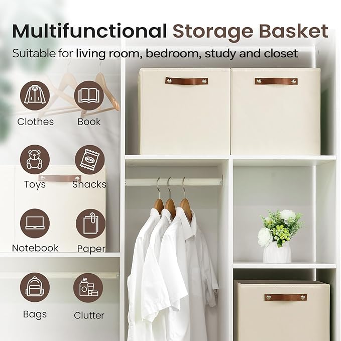 FinishingBo 6-Pack Storage Cubes with Handles & Label Holders Basket, Closet Cube Home Organizer Bins(Beige, 13 x 13 x 13 inc