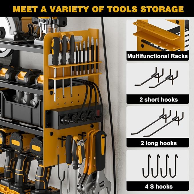 12 Cordless Drill Holder Large Power Tool Organizer Wall Mount with Side Pegboard & Screwdriver Holder, 4-Tier Heavy Duty Met