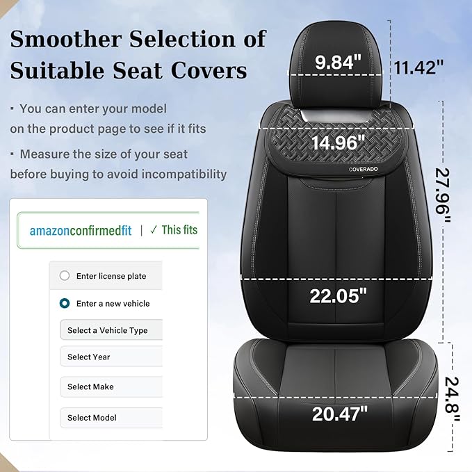 Coverado Car Seat Covers Front Seats, Nappa Leather Front Seat Covers, Waterproof Car Seat Cushion, Black Seat Covers Car Sea