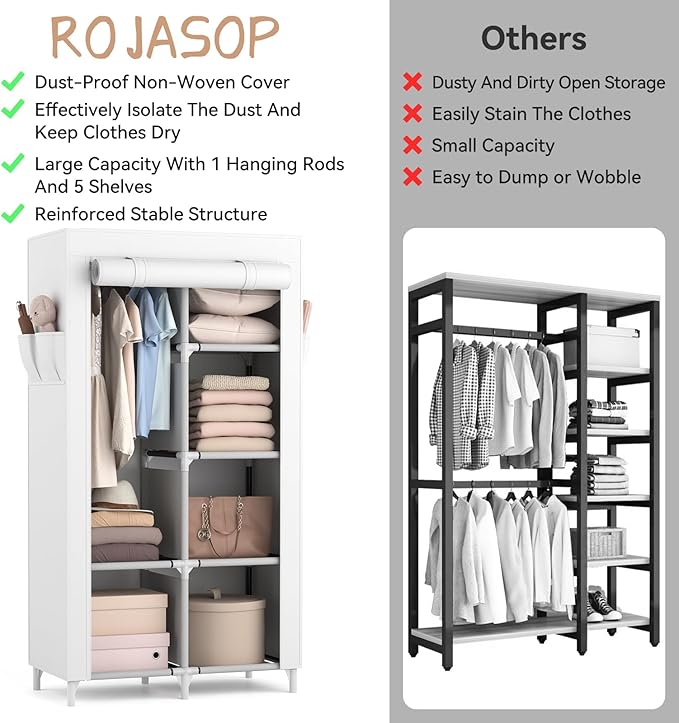 ROJASOP Portable Closet Wardrobe Closet for Hanging Clothes with 6 Storage Shelves, 1 Hanging Rod and 4 Pockets, Clothes Orga