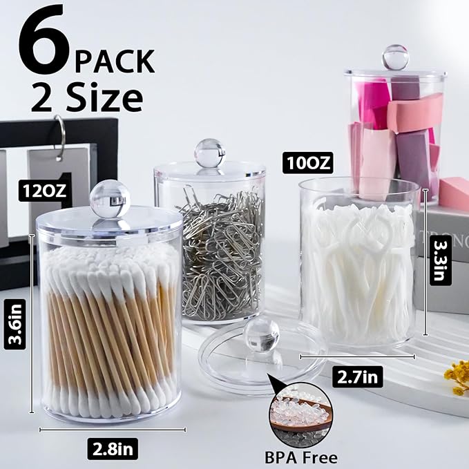 XIPENGKEJI 6 Pack Qtip Holder,Canister Apothecary Jar Set, Bathroom Jars with Lids Set for Cotton Swabs, Balls, Pads, Floss P