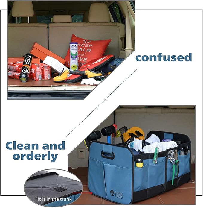 Long Pond Car Trunk Organizer, Storage for SUVs or Sedans, Foldable Cargo Containers with 9 Pockets and Reinforced Handles,