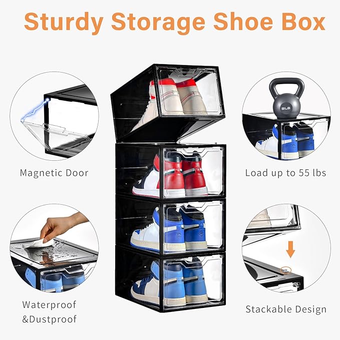 Stebopum 12 Pack Stackable Shoe Storage Organizer with Magnetic Door, Shoe Boxes Clear Black Plastic for Closet, Shoe Rack fo