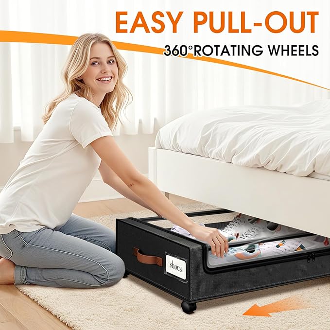 Under Bed Storage with Wheels 2Pack Storage Containers with Clear Window&Label Under Bed Drawers Rolling Under Bed Storage fo
