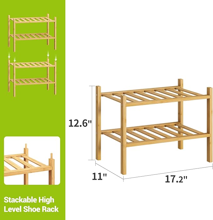 BMOSU 2-Tier Bamboo Small Shoe Rack Premium Stackable Shoe Shelf Storage Organizer for Hallway Closet Living Room Entryway Or