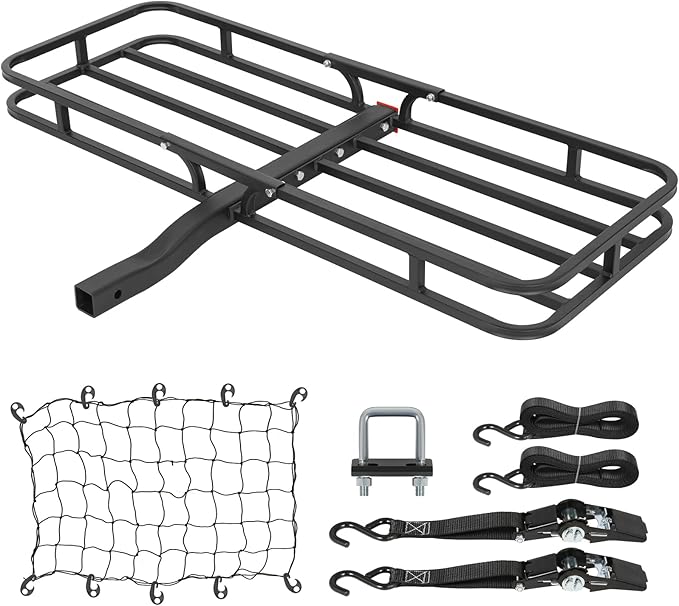 WEIZE 53 x 19 x 4-1/8 Inch Hitch Cargo Carrier, 500 lbs Capacity Steel Hitch Cargo Rack Basket with Net, Strap, Tightener for Car SUV Truck Traveling Camping, 2" Receiver