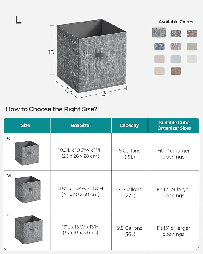 SONGMICS Storage Cubes, 13-Inch Non-Woven Fabric Bins with Double Handles, Set of 6, Closet Organizers for Shelves, Foldable,