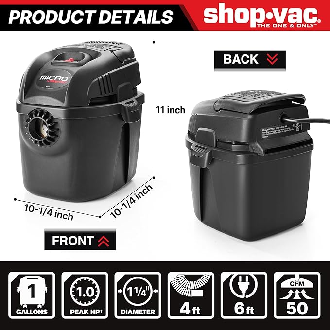 Shop-Vac 2021005 1 Gallon Micro Wet/Dry Vacuum, 1.0 Peak HP, 1.25 Inch Diameter x 4 Foot Hose, 6 Food Cord, Lightweight And P