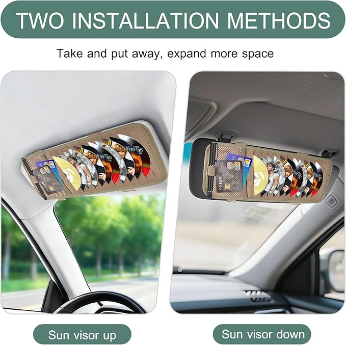Sun Visor CD Holder, 12-Capacity Car Visor Organizer with DVD Sleeves and Mesh Pocket, Universal Visor Storage for Vehicle CD Case and Pen Holder Ergonomic Design (Khaki 1 Pcs)