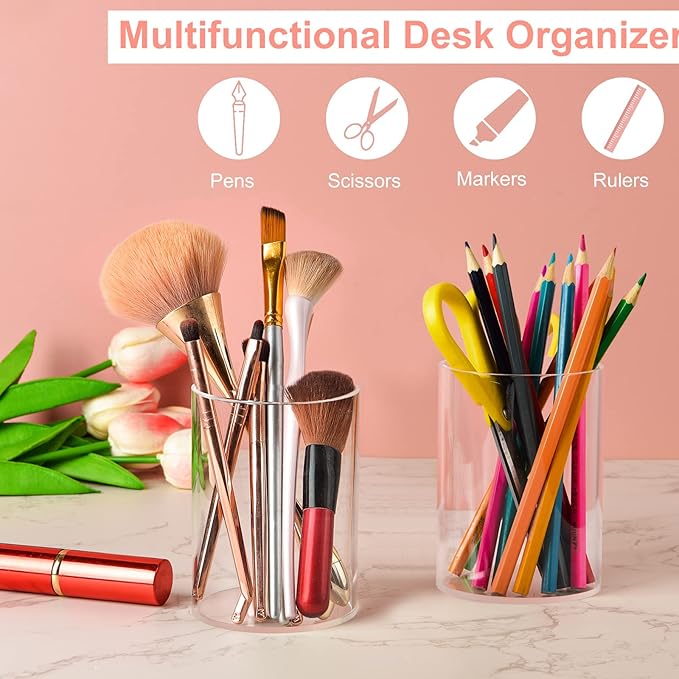 Mototo 4 Pieces Clear Acrylic Pen Holder Round Acrylic Pencil Cup Clear Makeup Bush Holder Acrylic Desktop Stationery Organiz
