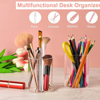 Mototo 2 Pieces Clear Acrylic Pen Holder Round & Pencil Cup Clear Makeup Bush Holder Acrylic Desktop Stationery Organizer for