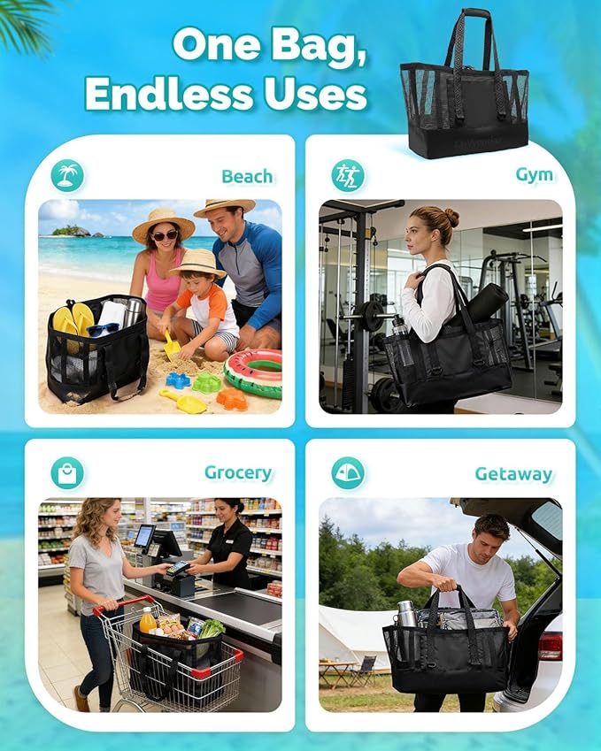 Large Mesh Beach Tote Bag - 50L Pool Bags with 2 Inner Zipper Waterproof Pockets for Swim Toys Towels Travel