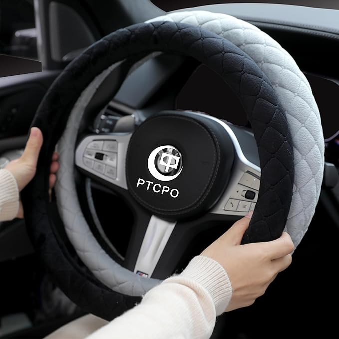 Soft Car Steering Wheel Cover for Sedan, SUV, Warm Luxury Velvet, Odorless, Universal, Anti Slip, Summer Winter, Black, Stand