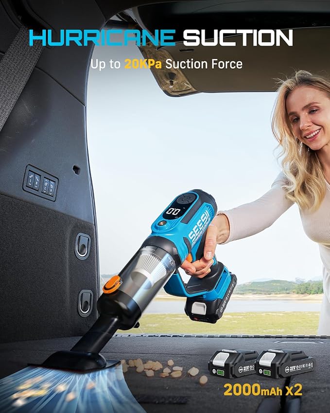 SEESII 3-in-1 Tire Inflator: Portable Air Compressor & Car Vacuum Cordless & Led Work Light with 2×2000mAh Batteries, 21V Tire Air Pump 150PSI w/Digital Gauge+Auto-Shutoff for Ball/Bike/Car/Home