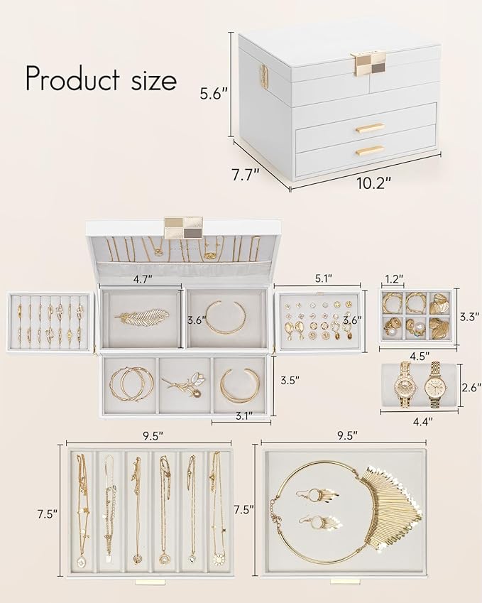 Vlando 4 Layers Jewelry Box - Women Jewelry Box with Retractable Tray - Jewelry Organizer with Drawer for Necklaces, Rings, B
