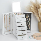 Meangood White Jewelry Box Wood for Women, 6-Layer Large Organizer Box with Mirror & 5 Drawers for Rings, Earrings, Necklaces