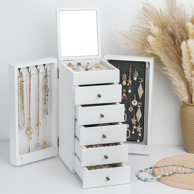 Meangood White Jewelry Box Wood for Women, 6-Layer Large Organizer Box with Mirror & 5 Drawers for Rings, Earrings, Necklaces