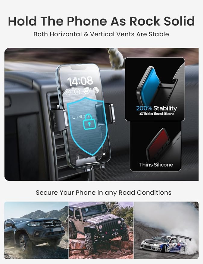 LISEN Car Phone Mount, Phone Holders for Your Car [Thick Cases Friendly] Car Vent Phone Holder & Metal Hook Truck Jeep Accessories for iPhone 17 Air Pro Samsung Google and All 4-7'' Phone
