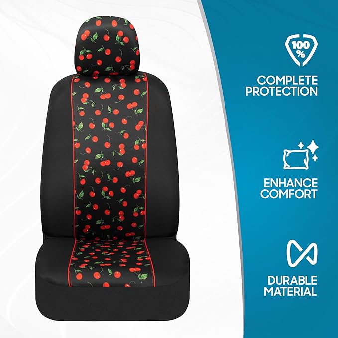BDK Red Cherry Car Seat Covers for Front Seats, 2 Pack – Classic Pattern with Matching Headrest, Sideless Design for Easy Ins