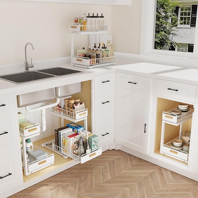 2 Pack Under Sink Organizer with Ball Bearing Sliding Drawer, Heavy Duty Pull Out Cabinet Organizer, 2 Tier Adjustable Storag