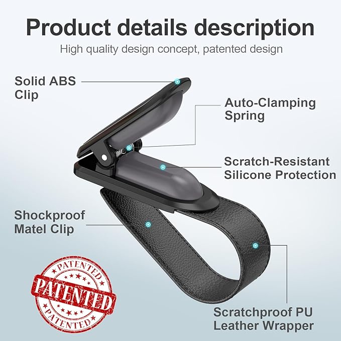 Veharvim Sunglass Holder for Car (One-Handed Operation, Gentle & Secure Hold, Silicone Padded, Universal Fits Sunglass and Car Visor) - Sunglasses Clip for Car Visor