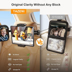 2-in-1 baby car mirror installed on headrest showing full rear seat view with tablet holder extended
