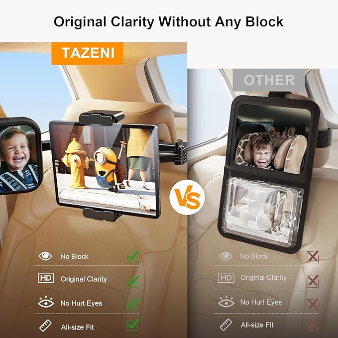 2-in-1 baby car mirror installed on headrest showing full rear seat view with tablet holder extended
