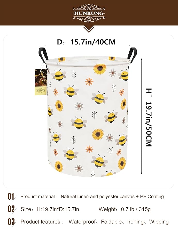 HUNRUNG Laundry Hamper,Large Canvas Fabric Lightweight Storage Basket Toy Organizer Dirty Clothes Collapsible Waterproof for 