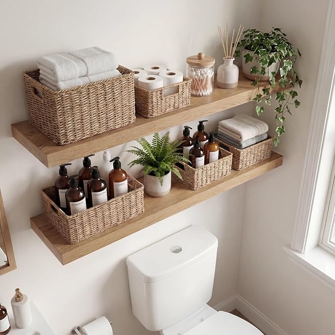 INHABIT UNION Oak Floating Shelves Set of 2，35.43in Wall Mounted Display Ledge Shelves for Bedroom, Bathroom, Living Room and