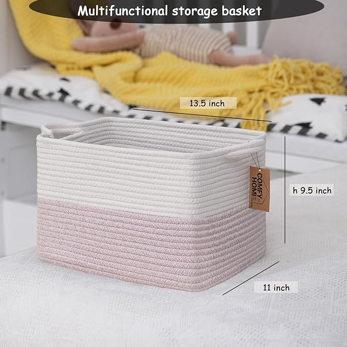 COMFY-HOMI 3PACK Cotton Rope Square baske with Handles for Shelves|Dog Toy baske Bin and Storage|Baby baske for Gift|Shoe bas