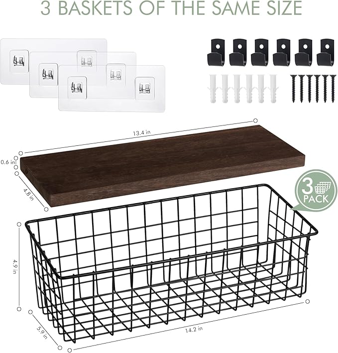 Wall Hanging Baskets 3 Pack, Diversified Wire Basket Shelves of Wooden Style, with Wall Mounted Hooks & Traceless Stickers, f