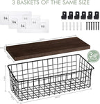 Wall Hanging Baskets 3 Pack, Diversified Wire Basket Shelves of Wooden Style, with Wall Mounted Hooks & Traceless Stickers, f