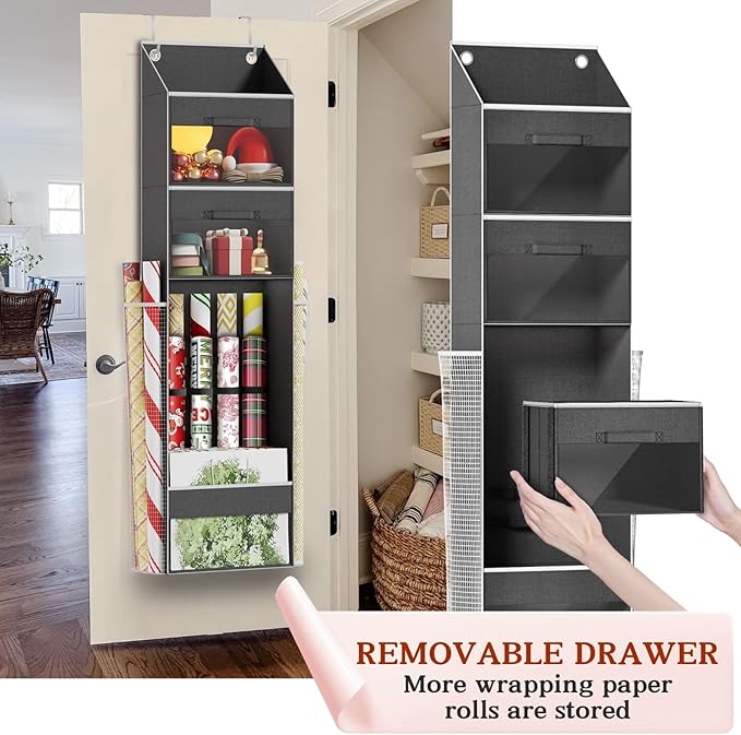 Over Door Wrapping Paper Organizer Storage with 3 Removable Drawers & Side Pockets – Dual Use Design with Elastic Straps – Ch