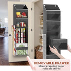 Over Door Wrapping Paper Organizer Storage with 3 Removable Drawers & Side Pockets – Dual Use Design with Elastic Straps – Ch